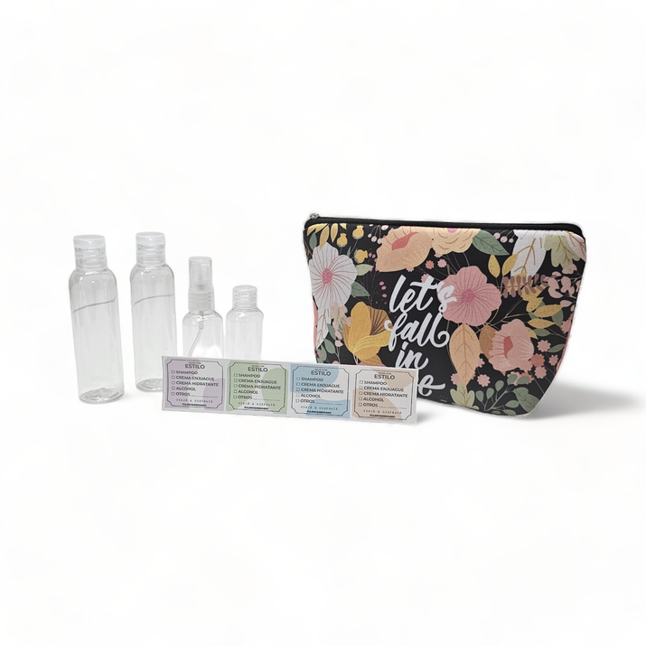 NECESER SIMIL NEOPREN + STICKERS + ATOMIZADOR + FRASCO CH + 2 FRASCOS GRANDES - FLORES